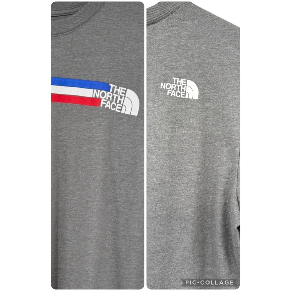 The North Face Mens Medium Gray Graphic Logo T Shirt Red White Blue Stripe Tee